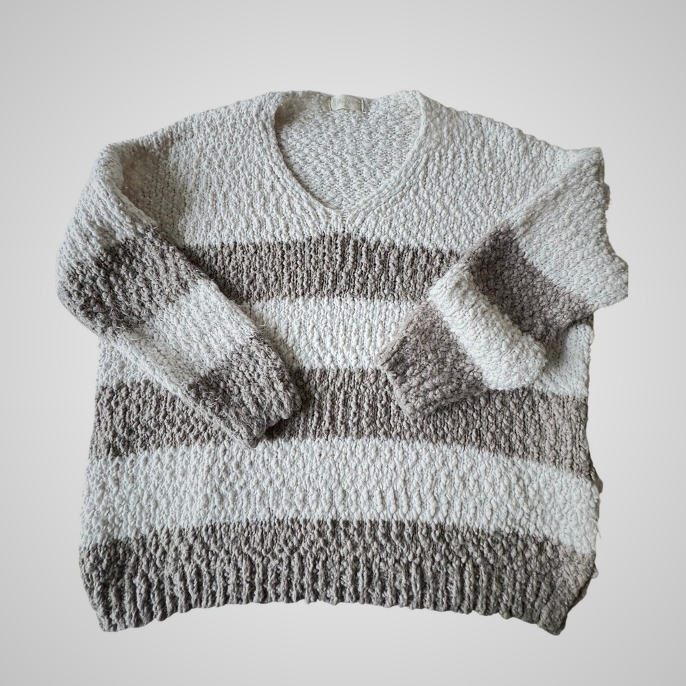 Altar'd State Striped Popcorn Knit Oversized‎ V-Neck Sweater Cream Taupe M/L